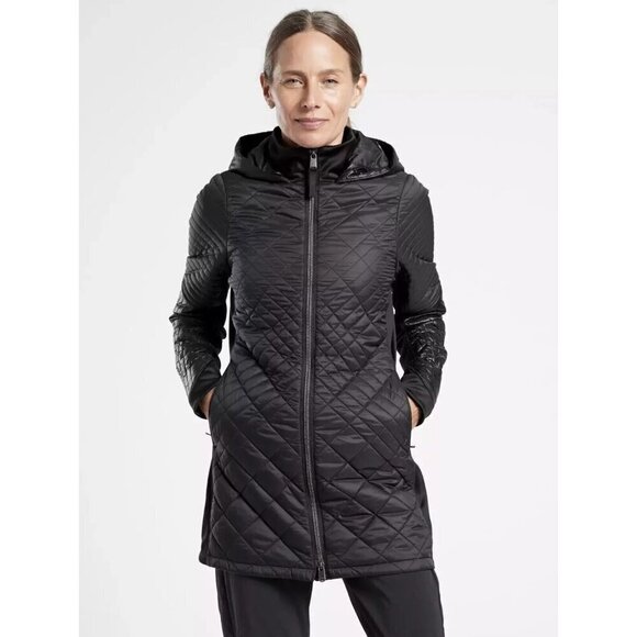 Athleta Bayview Hooded Coat Black Quilted Jacket Small - Picture 1 of 11